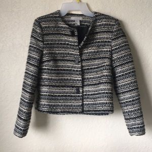 Black and white tweed jacket, blazer.